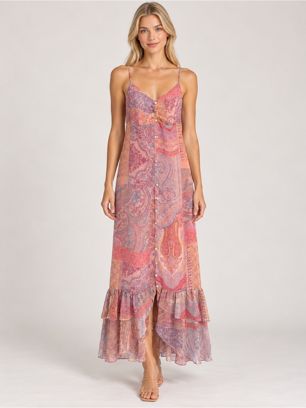 Zara Pink Paisley Metallic Thread Ruffle Maxi Dress Size Large 6187